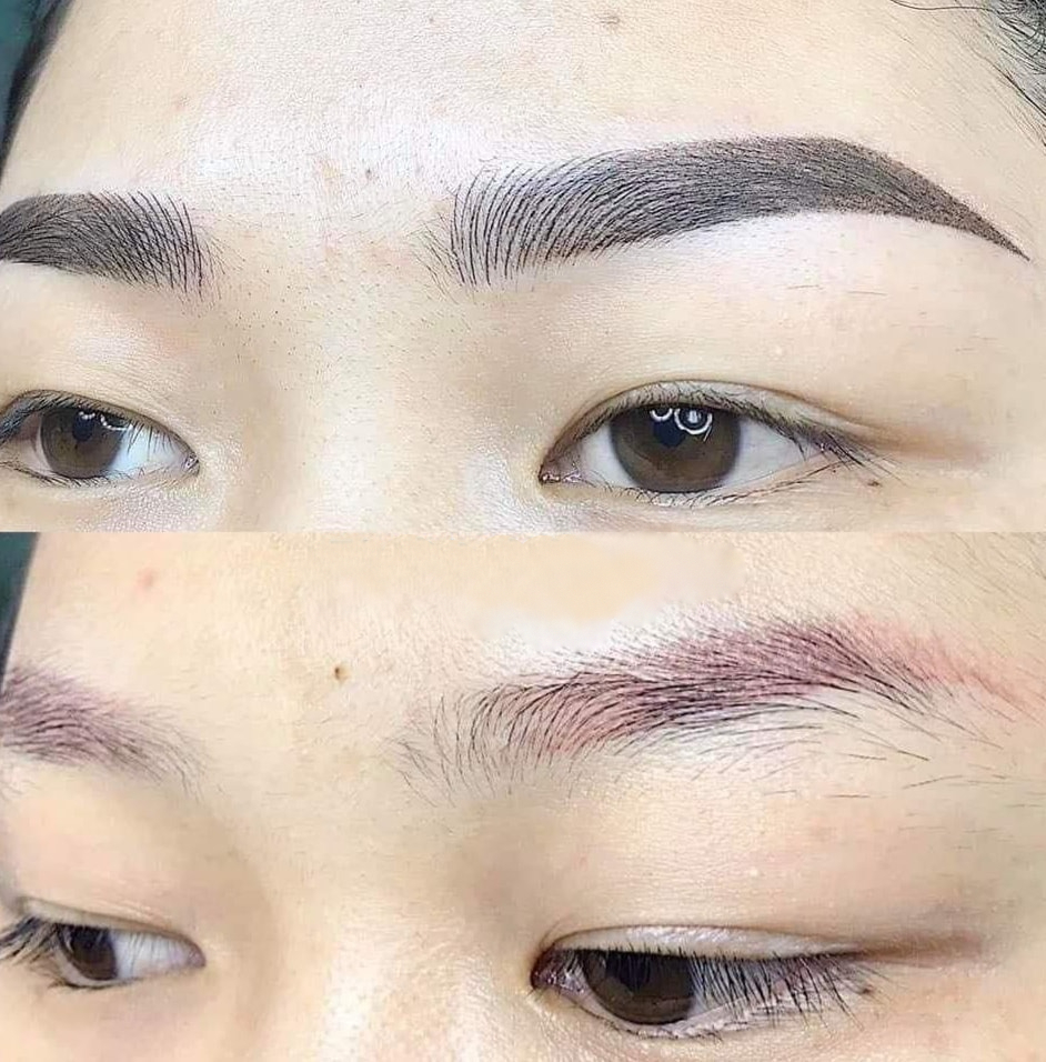 Chân mày bị trổ đỏ loang màu do ăn uống sai cách sau khi phun chân mày